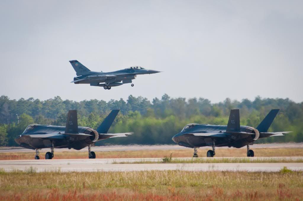 Hill's F-16 flies with the F-35 Lightning II, in a training mission at Eglin Air Force Base, Fla. - Air Force Photo