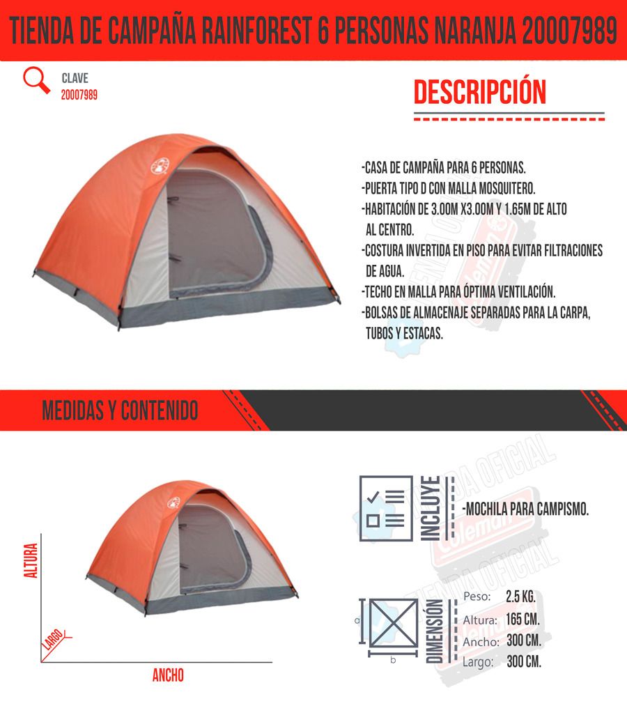 Tienda de campaña rainforest 6 personas 20007989 Coleman Tienda de campaña rainforest 6 personas 20007989 Coleman