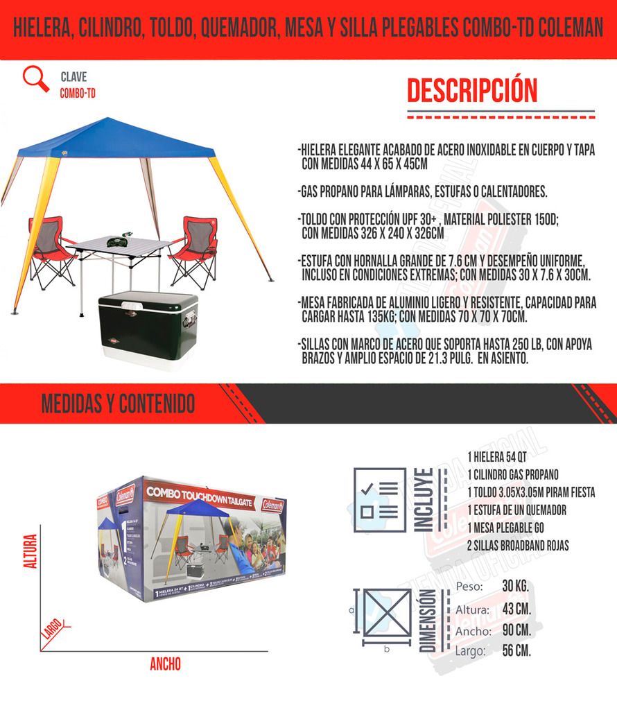 Hielera, Cilindro, Toldo, Quemador, Mesa y Silla Plegables COMBO-TD Coleman