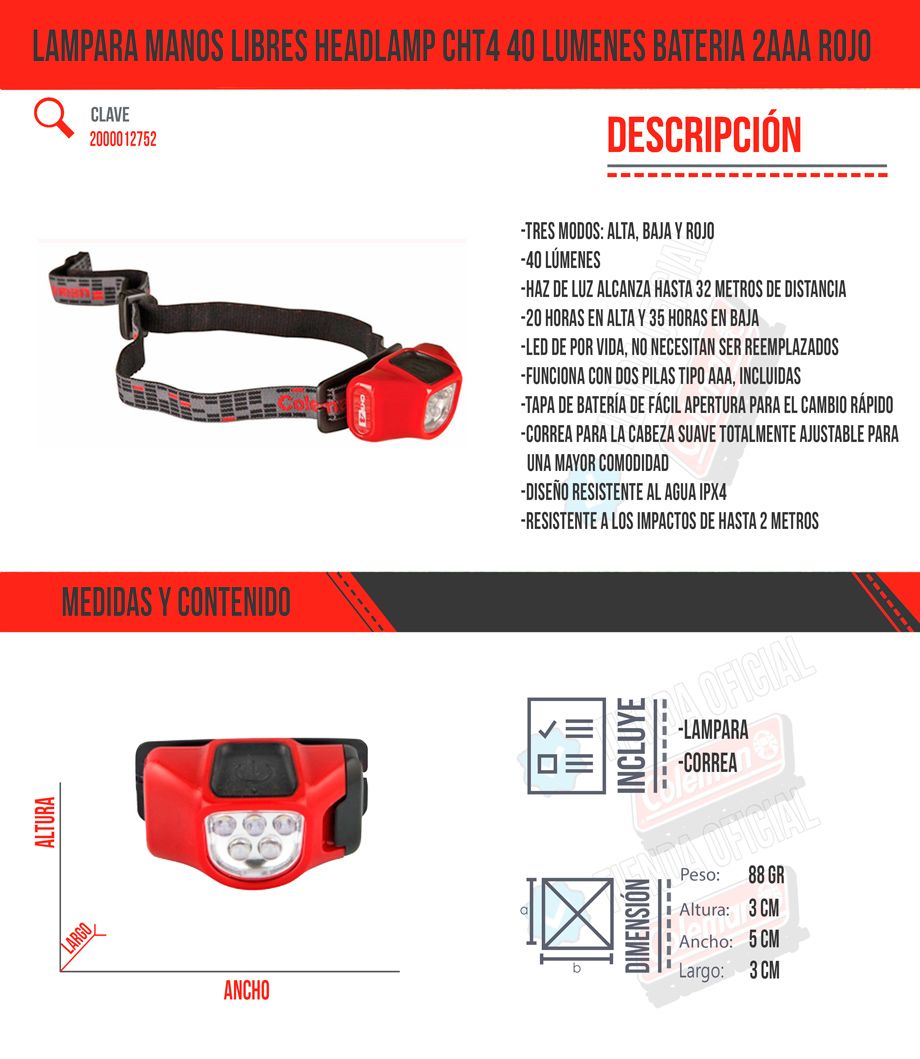 Lampara Manos Libres HeadLamp CHT4 40 Lumenes Bateria 2AAA ROJO Lampara Manos Libres HeadLamp CHT4 40 Lumenes Bateria 2AAA ROJO